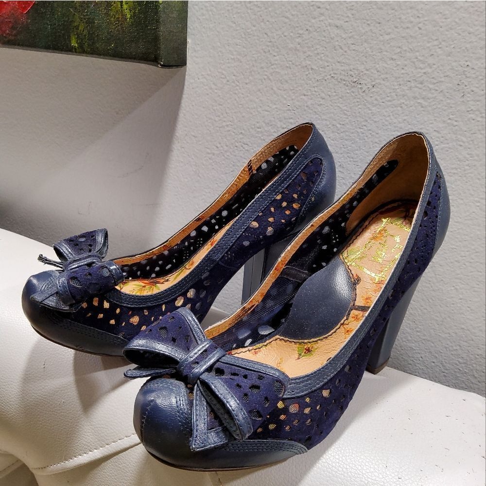 Anthropologie Miss L-Fire Retro Inspired Blue Bow Heels Size 36